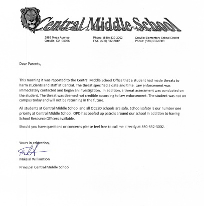 Important Letter to Central Middle School Parents